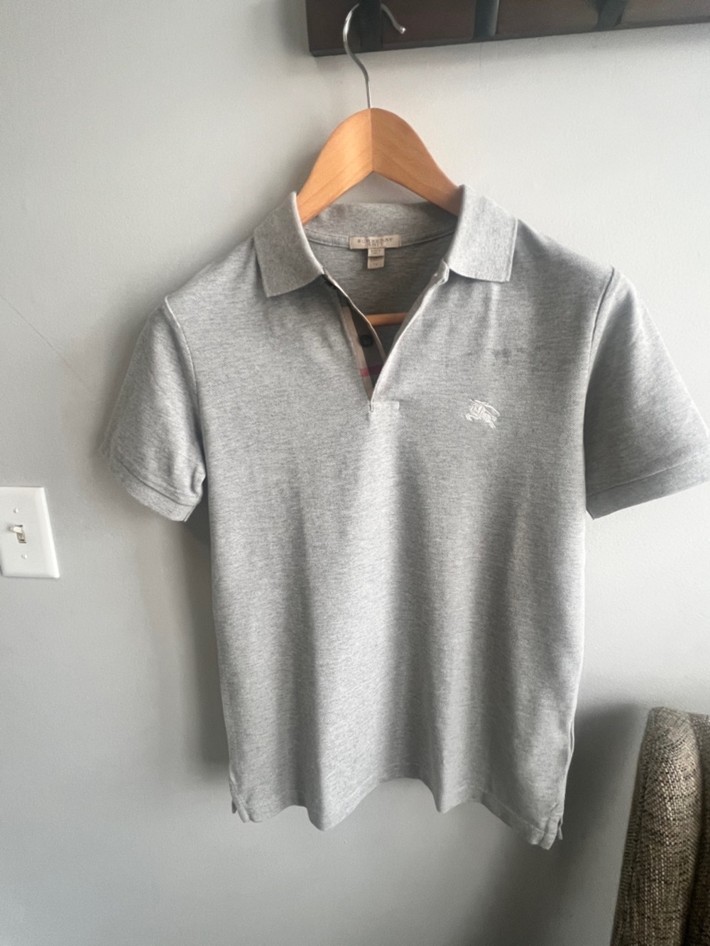 Burberry Light Grey Men's Polo with Signature Check Trim